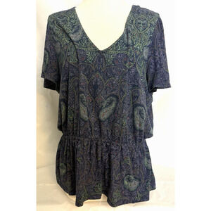 Lucky Brand Shirt Women’s Size XL Blue Green Paisley Peplum Short Sleeve